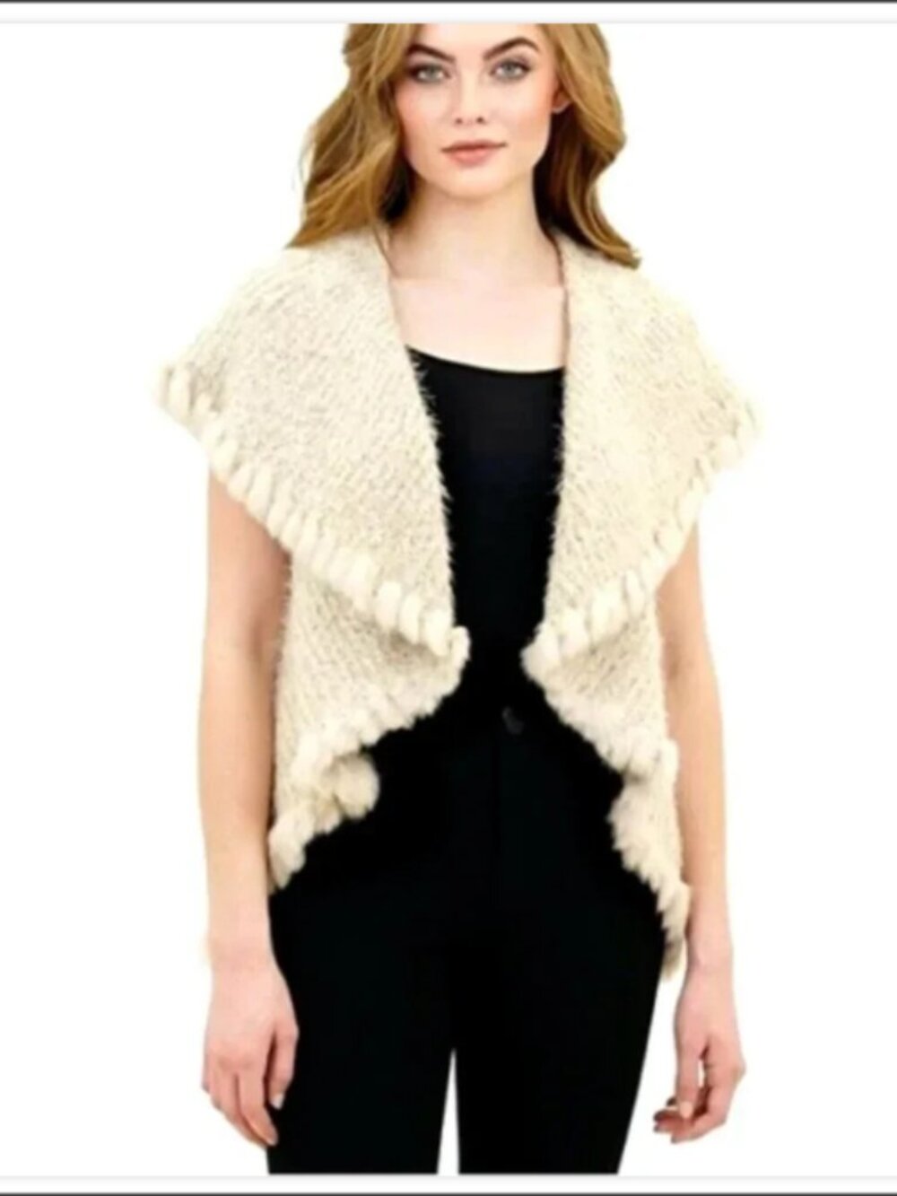 Love Token - Danielle Rabbit Faux Fur Fringe Trim Vest - Teddy Coat - Natural  S